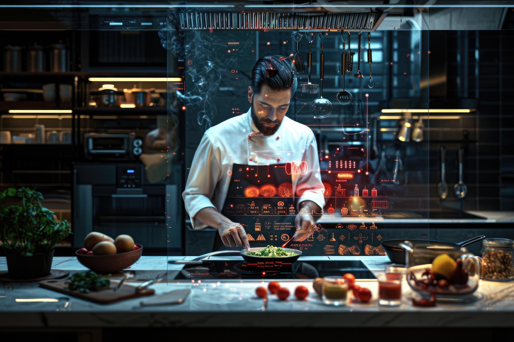 chef calibrating smart cooker in modern kitchen